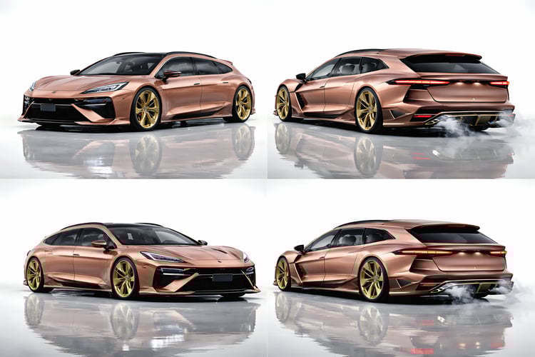 Futuristic luxury performance wagon with open doors and rear trunk, ultra realistic automotive concept car on reflective studio floor