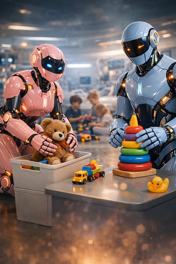 Humanoid robots organizing toys for children in a futuristic hospital playroom with colorful learning toys