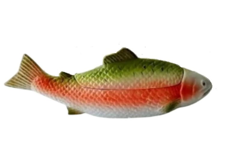 Michel Caugant faience salmon-shaped pâte dish terrine, 70s