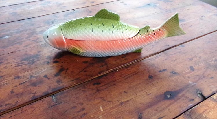 Pink and Green Michel Caugant faience salmon-shaped terrine