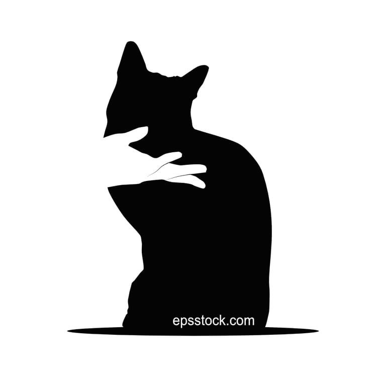 Cat playing with a person, black isolated vector silhouette