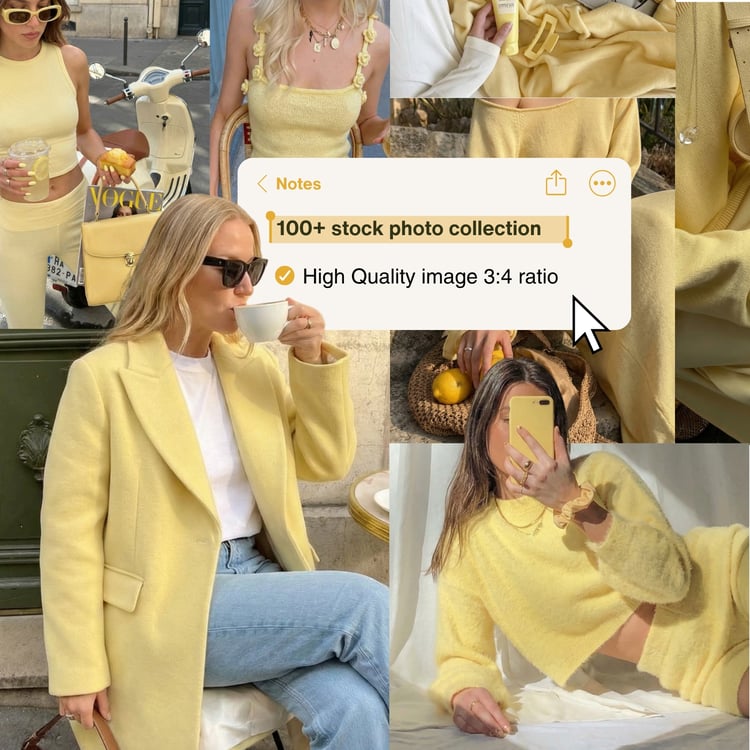 100+ spring yellow aesthetic stock photos. Woman sipping coffee wearing yellow blazer.