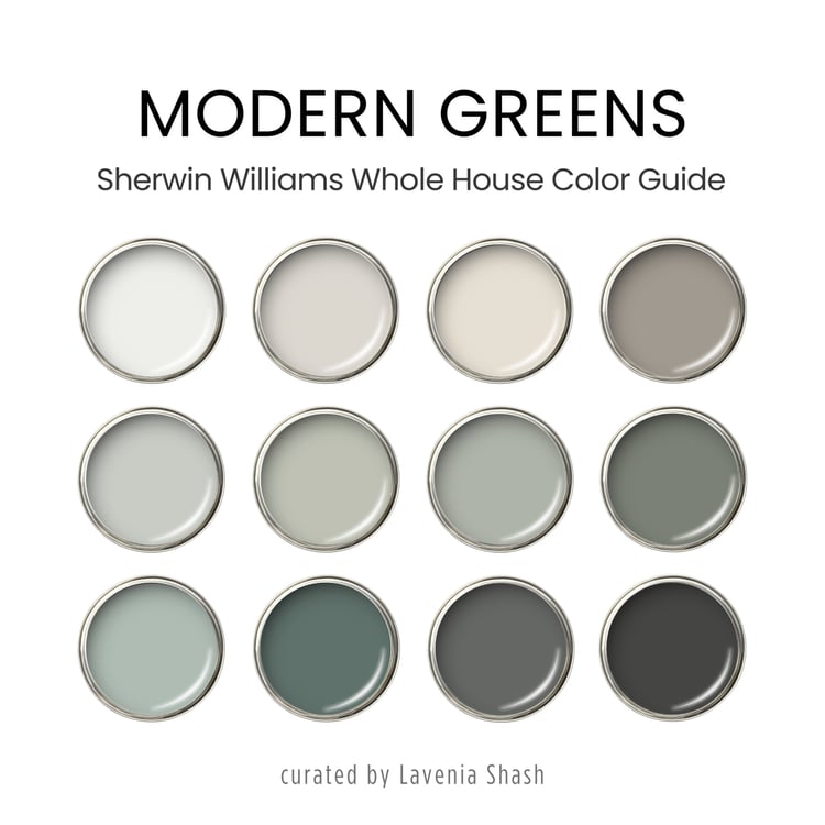 Sherwin Williams green paint palette. Whole house color scheme with neutrals and coordinating colors. Paint colors for home with whites, greiges, greens, gray and black. Interior design color scheme created by Lavenia Shash.