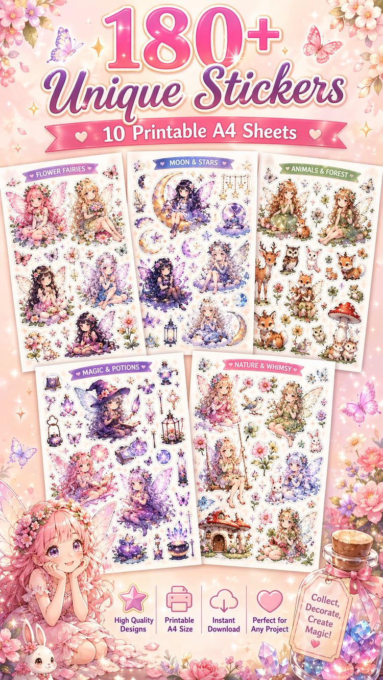 Fairy Sticker Mega Pack – 10 Printable A4 Sheets | Cute Anime Fairy Stickers (180+ Designs)