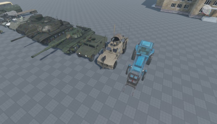 Detailed Roblox army vehicles lined up in formation