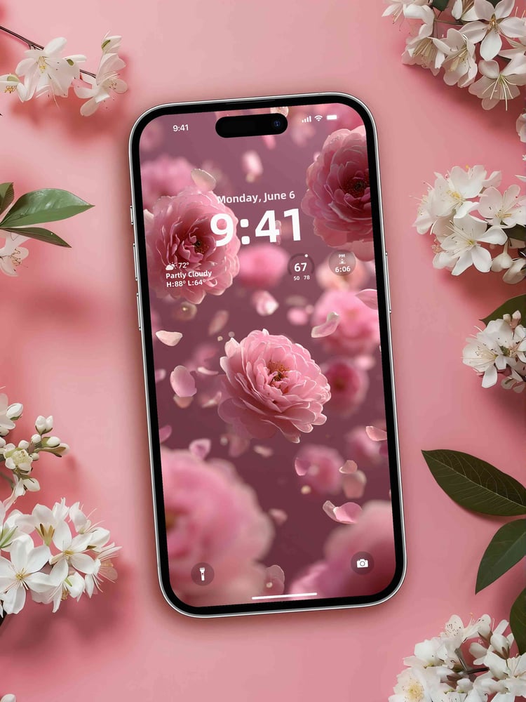 Aesthetic pink rose wallpaper on iPhone lock screen, featuring falling petals and flat lay cherry blossoms background, romantic coquette style digital wallpaper.