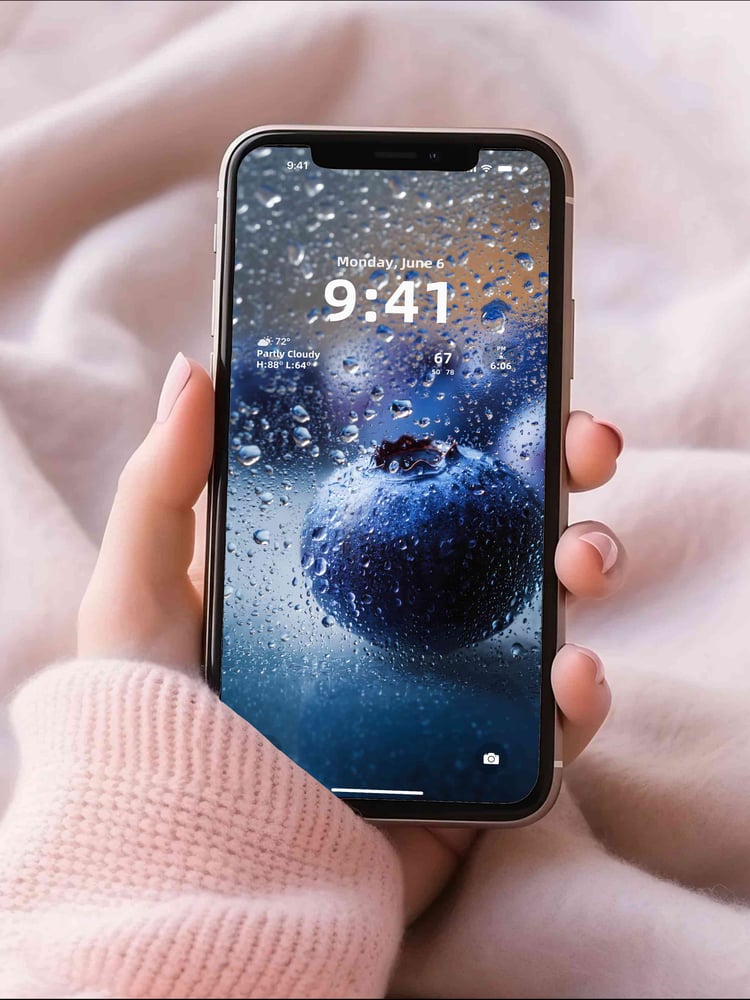 Aesthetic blueberry wallpaper on iPhone screen with realistic water droplets and rain on glass effect, refreshing fruit nature phone background.
