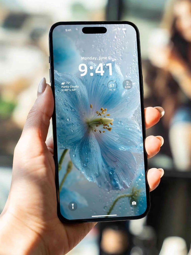 Close-up aesthetic blue flower wallpaper on iPhone screen, featuring serene forget-me-not with soft sunlight and water droplets, tranquil nature phone background.