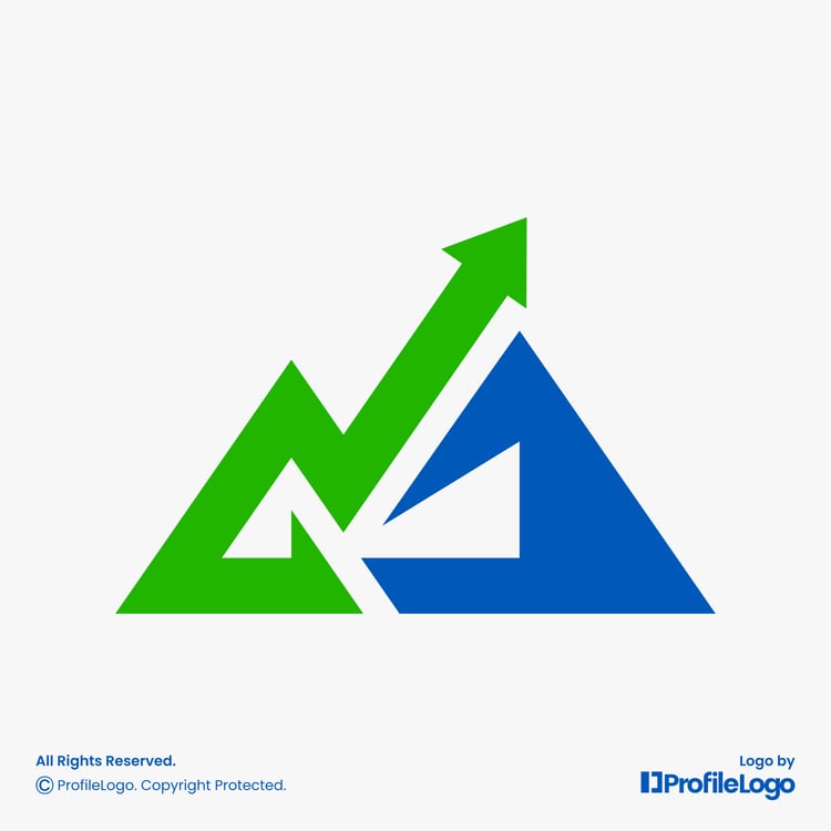 Modern mountain growth arrow logo for sale by ProfileLogo with light grey background