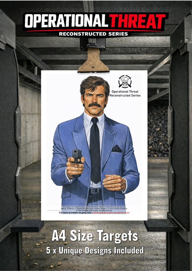 Full‑colour airgun target for .177, .22, .25 and Airsoft — exclusive Shooting Skull Targets criminal scenario.