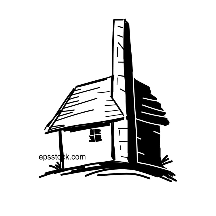 Old house with high chimney, black isolated silhouette