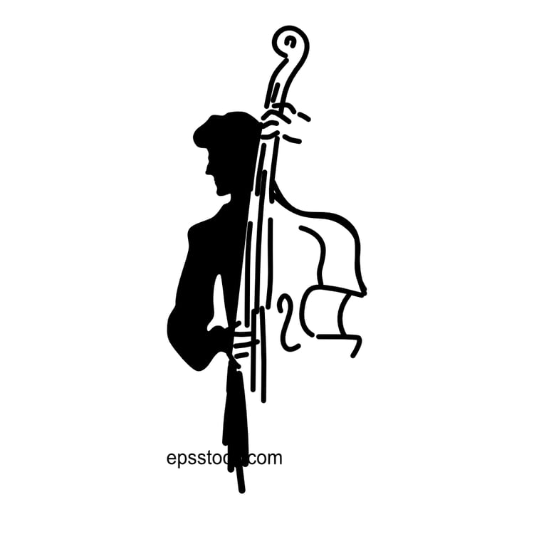 Man with double bass, black isolated silhouette