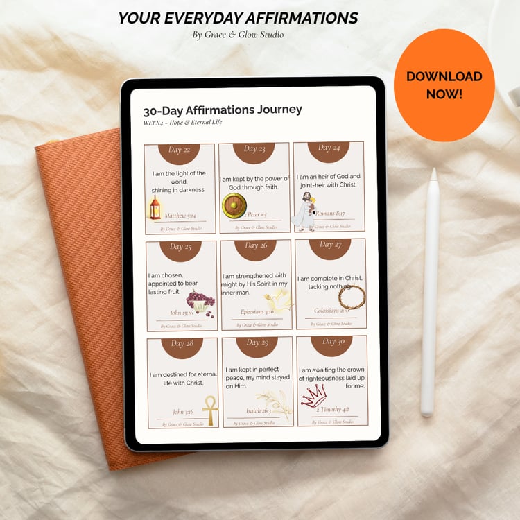 Christian 30‑Day Affirmations Journey printable shown on a tablet mockup with soft beige styling, notebook, and stylus — faith‑based digital download.