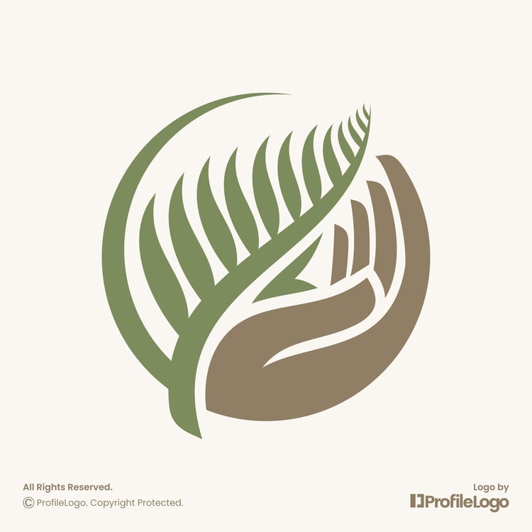 Organic palm leaf hand logo for sale by ProfileLogo with light brown background