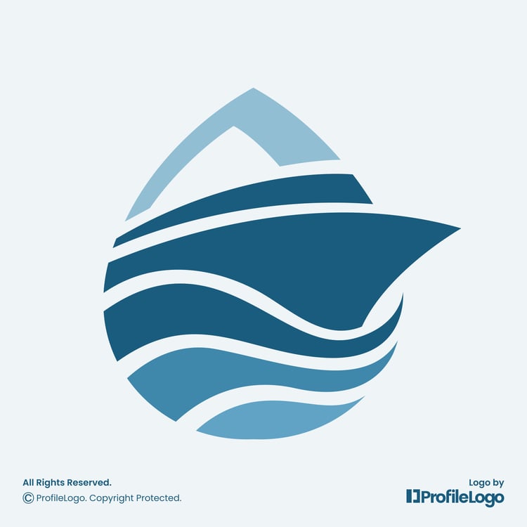 Water drop wave maritime ship logo for sale by ProfileLogo with light blue background