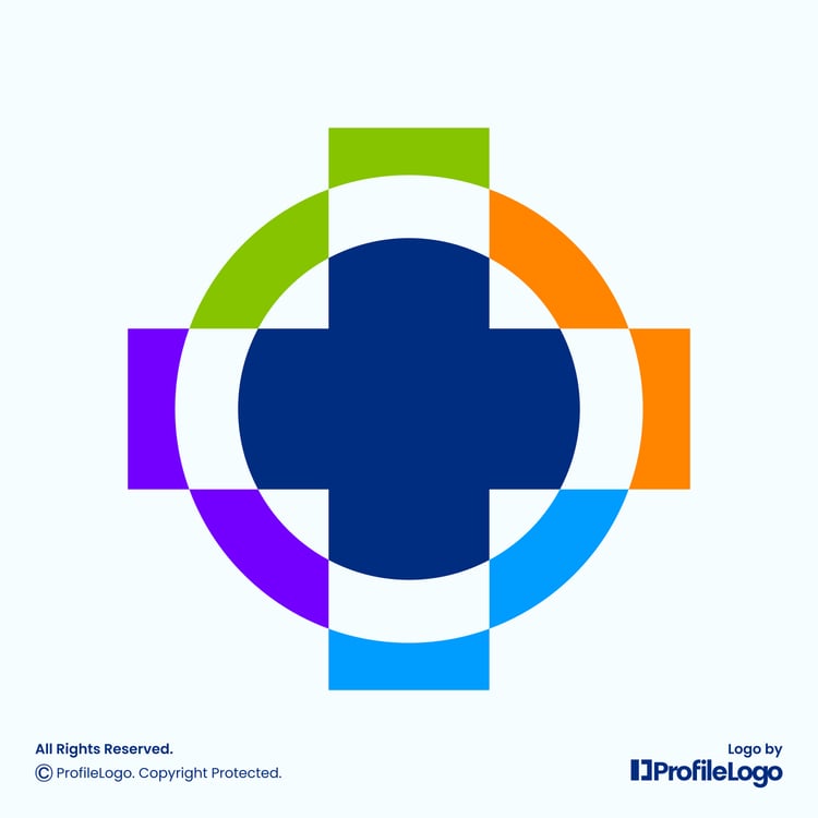 Colorful medical health plus logo for sale by ProfileLogo with light blue background