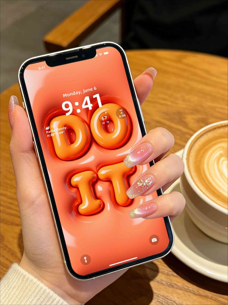 Hand holding iPhone with vibrant orange 3D glossy jelly “DO IT” motivational affirmation wallpaper lock screen next to coffee cup