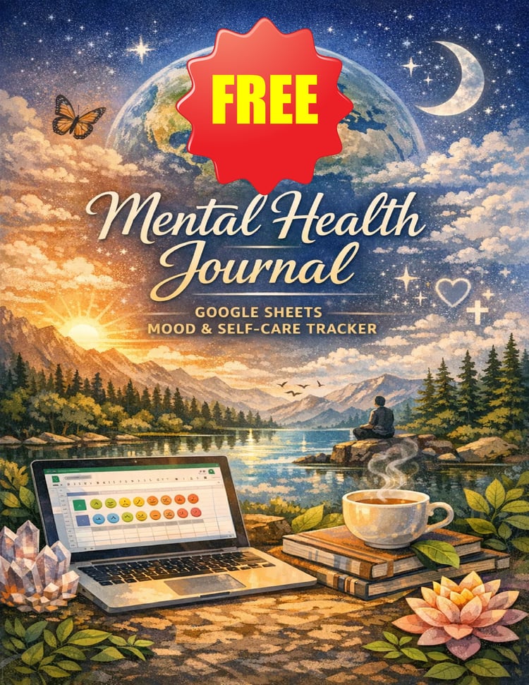 An artistic cover for a digital mental health journal featuring a laptop displaying a mood tracker spreadsheet. The background is a serene landscape with a sunrise over a lake, mountains, a person meditating, crystals, and a cup of coffee, all under a sta