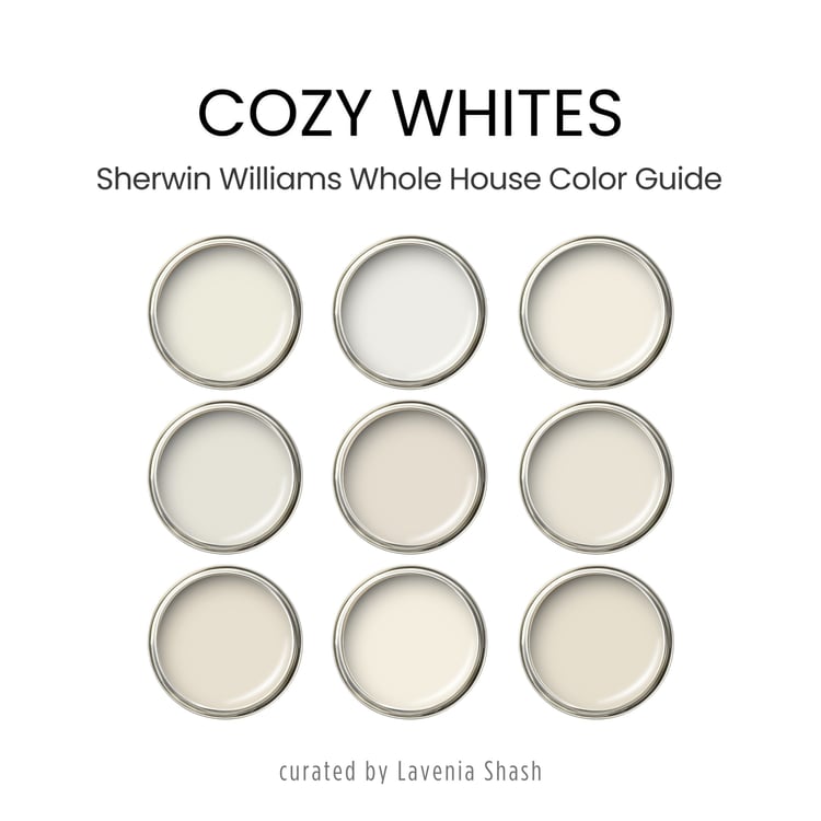 Sherwin Williams best-selling warm white color scheme with coordinating and complementary blue, green, black, brown and mauve accent colors.