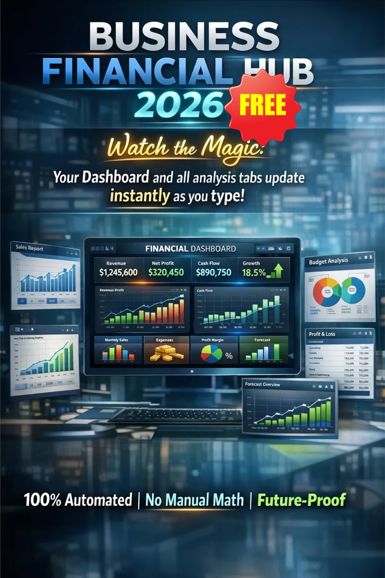 Digital business dashboard showing financial charts, revenue, and profit metrics on a screen. High-tech blue interface with automated budget and sales analysis reports.