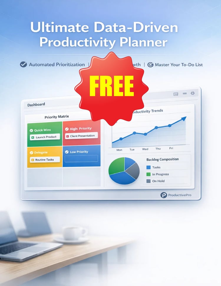 Professional dashboard featuring a 4-quadrant Priority Matrix, productivity trend charts, and task backlog pie chart. Blue and white clean interface for task management.