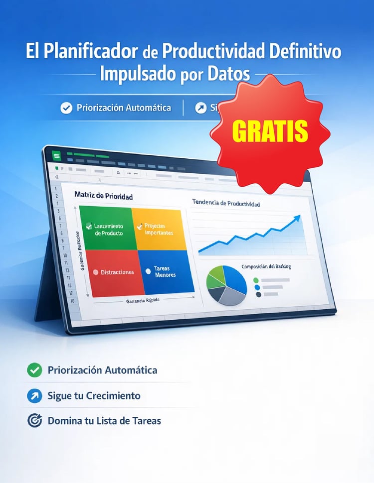 Un planificador de productividad en Google Sheets con matriz de prioridad, gráficos de tendencia y composición de tareas. Diseño profesional en azul con sello de GRATIS.