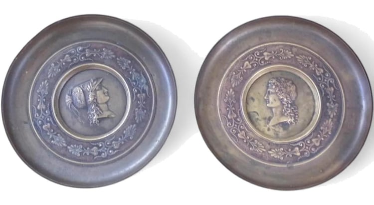 Ornate pedestal trays, Antique French Neo Classical Bronze coupes, patinated with age, depicting antique greek figures