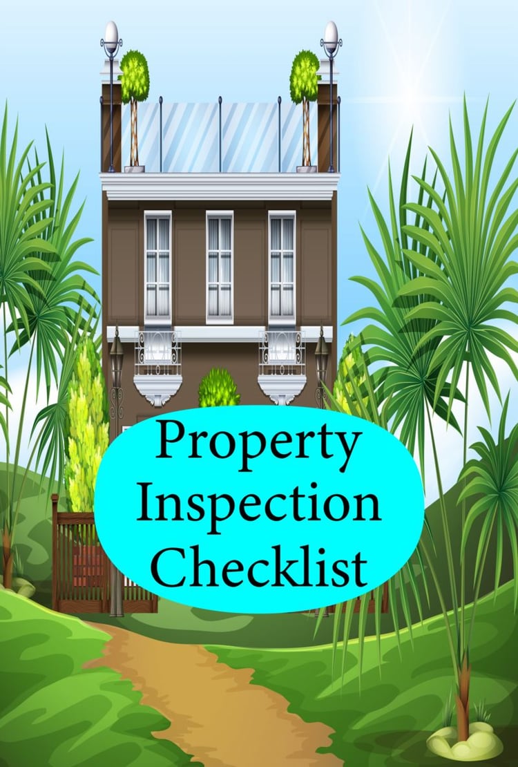Property Inspection Checklist" on a blue oval over a vintage three-story building illustration, surrounded by lush tropical palm trees on a sunny day.