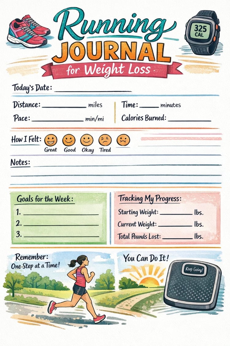 Printable running journal page with a colorful title, illustrations of a woman running, a digital watch, and sections to track stats like distance, pace, and weight.