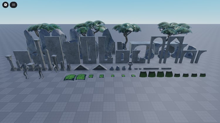 free Roblox temple ruins asset pack with trees and statues