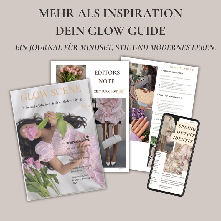 Glow Scene Issue 2 digitales Magazin Mockup mit femininer Ästhetik, Mindset, Stil, modernem Leben und Glow Guide Thema.