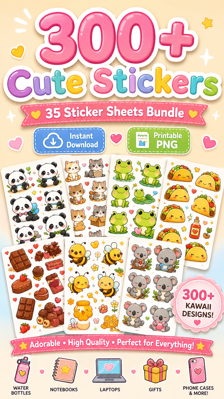 35 Kawaii Sticker Sheets Bundle – 300+ Cute Printable Stickers (Animals, Food & Fun Characters) | Instant Download