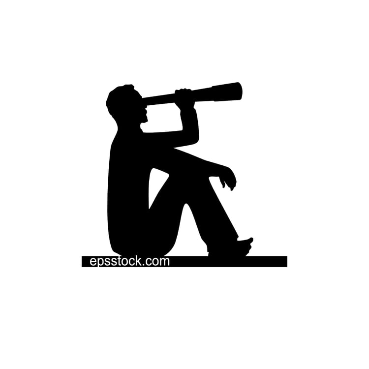 Man with telescope looking into the future, black isolated vector silhouette