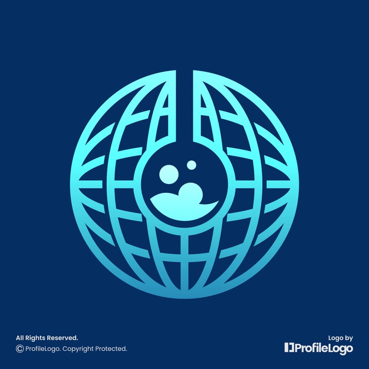 Globe lab tube science logo for sale by ProfileLogo with dark blue background