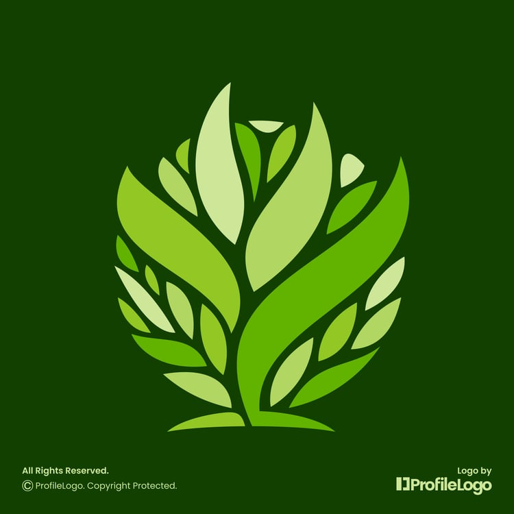 Decorative organic plant leaf logo for sale by ProfileLogo with dark green background