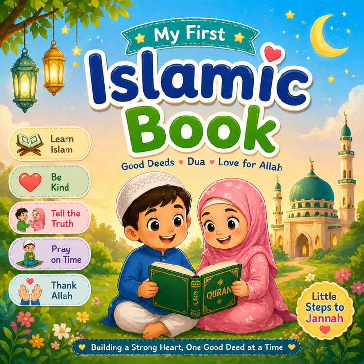 غلاف كتاب إسلامي للأطفال يظهر طفل وطفلة يقرآن القرآن مع خلفية مسجد ملونة وتعليم القيم الإسلامية والأعمال الصالحة