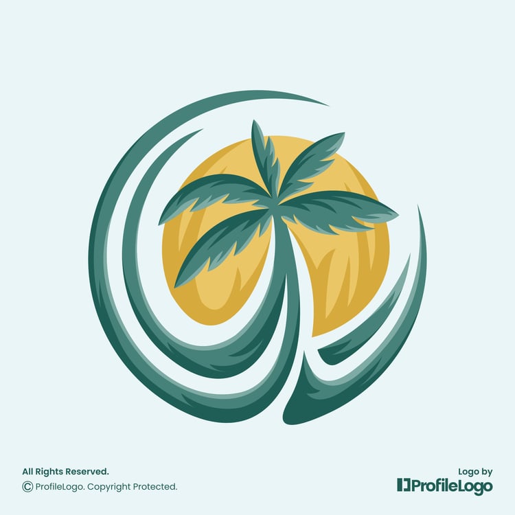 Tropical sunset palm beach logo for sale by ProfileLogo with light teal background