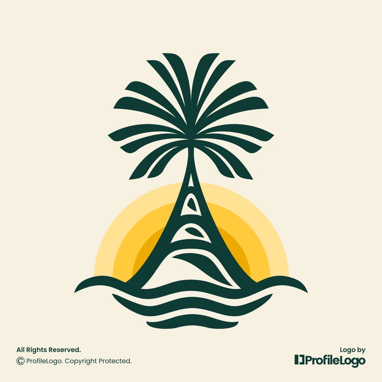 Beach wave sunset palm logo for sale by ProfileLogo with light yellow background