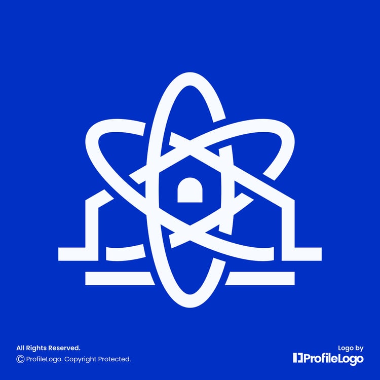 Simple line atom home logo for sale by ProfileLogo with dark blue background
