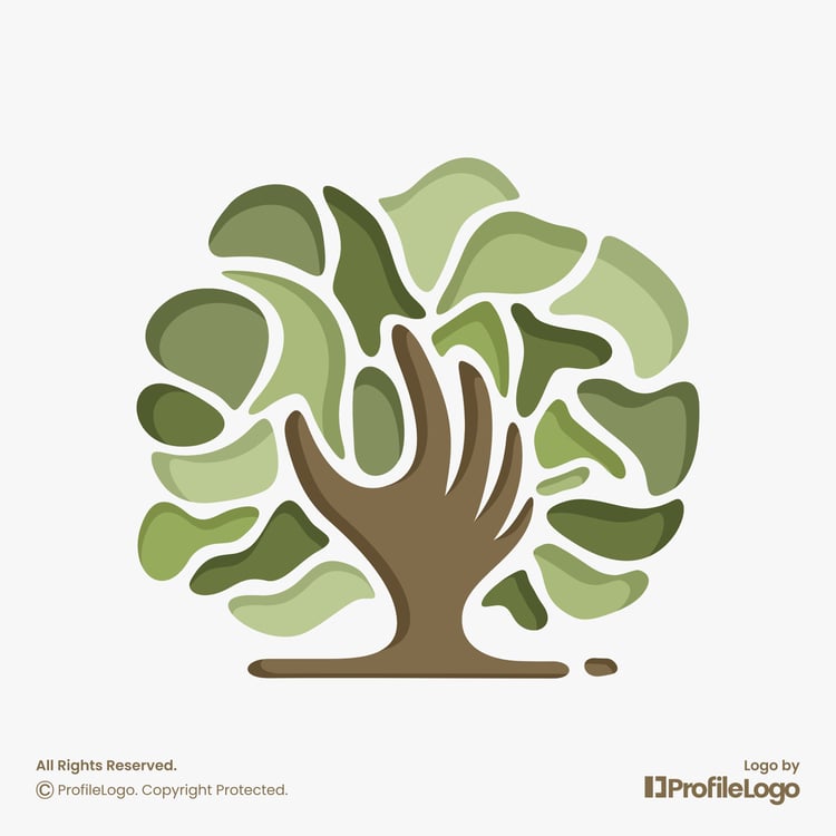 Nature organic tree hand logo for sale by ProfileLogo with light grey background