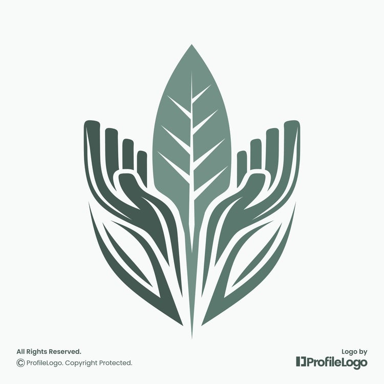 Elegant plant leaf hand logo for sale by ProfileLogo with light teal background