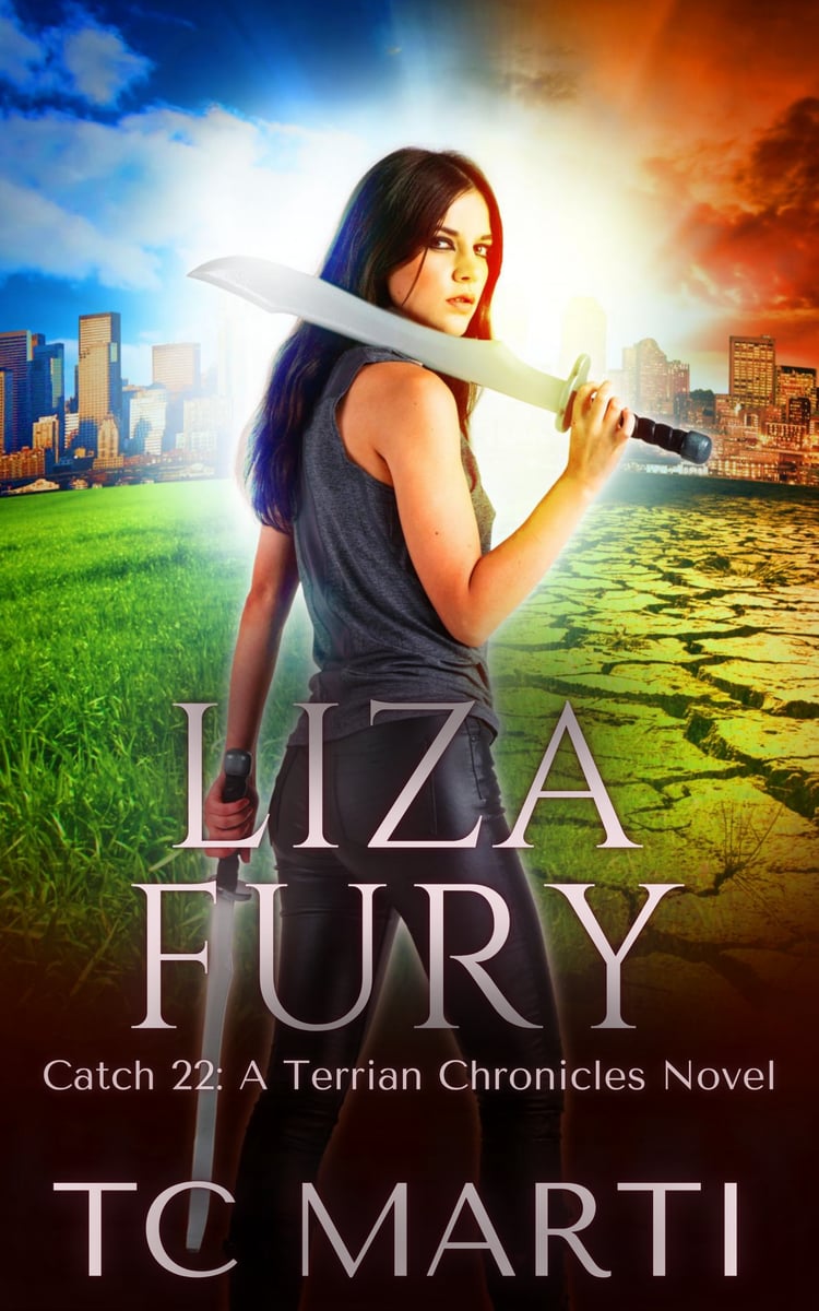 Liza Fury by TC Marti. A girl with pale skin and brown hair wields two swords, looking into a dystopian landscape.