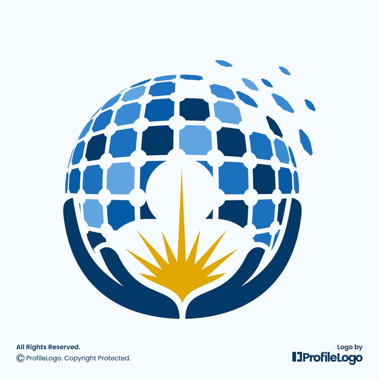 Solar energy globe hand people logo for sale by ProfileLogo with light blue background