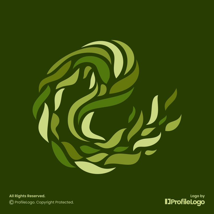 Green organic leaf letter E logo for sale by ProfileLogo with dark background