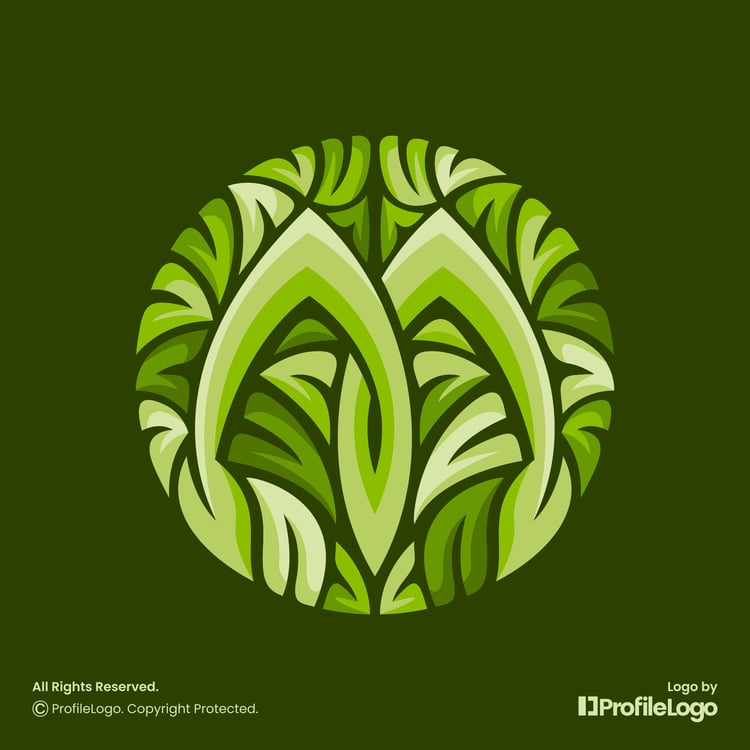 Colorful green organic leaf letter M logo for sale by ProfileLogo with dark background