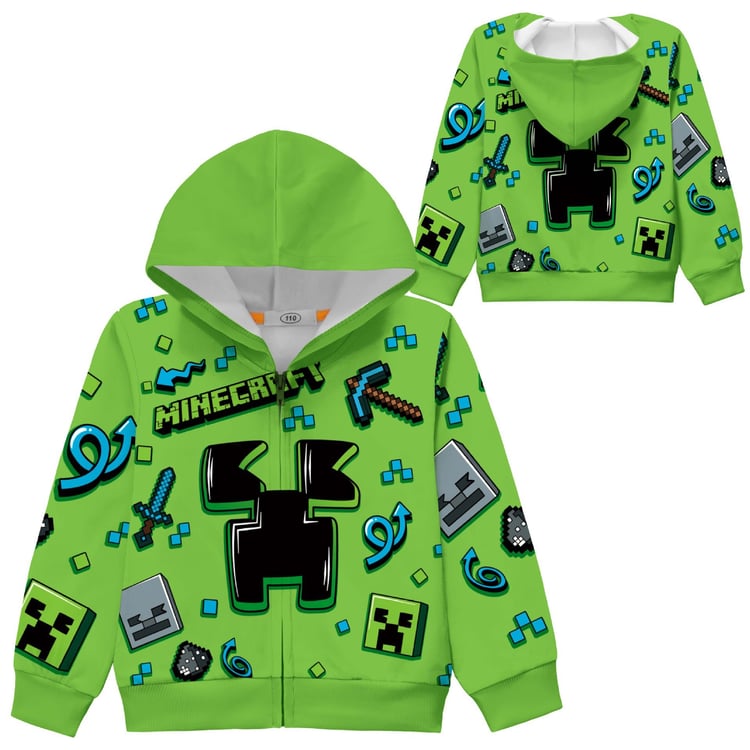 Kids pixel print zip-up hoodie jacket green cartoon design