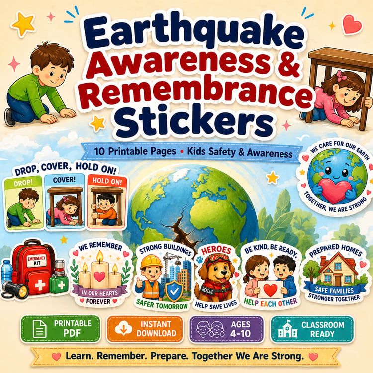 Earthquake Awareness & Remembrance Sticker Pack (10 Pages) | Printable Safety & Memory Stickers | Kids-Friendly | Instant Download
