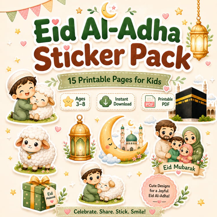 Eid Al-Adha Sticker Pack (15 Pages) | Printable Cute Kids Stickers | Instant Download | Fun Eid Activities for Ages 3–8