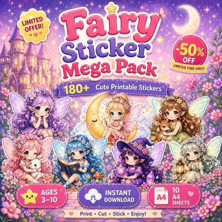 Fairy Sticker Mega Pack – 10 Printable A4 Sheets | Cute Anime Fairy Stickers (180+ Designs)