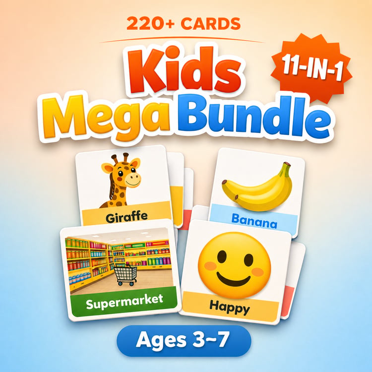 Ultimate Kids Vocabulary Mega Bundle (Ages 3–7) 220 Printable Flashcards + Coloring Cards | Learn Words, Actions, Emotions & More the Fun Way